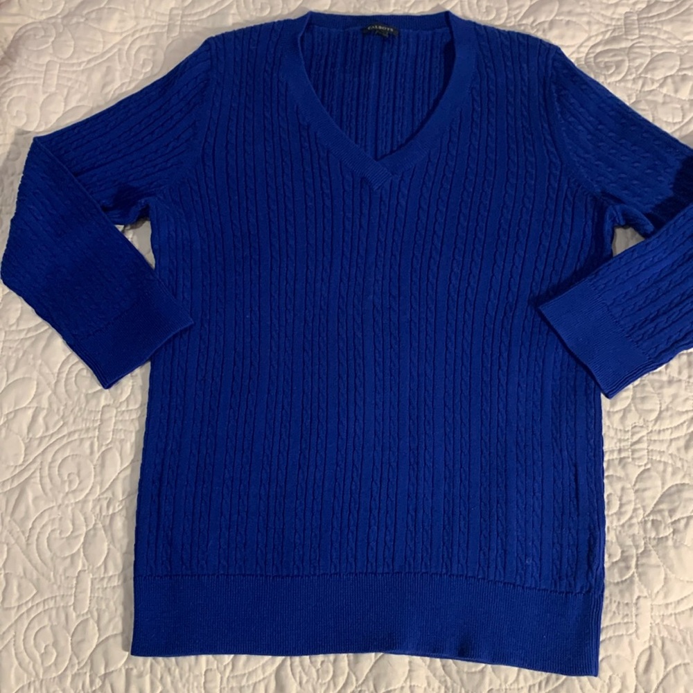 Talbots v neck mini cable royal blue sweater size S NWOT